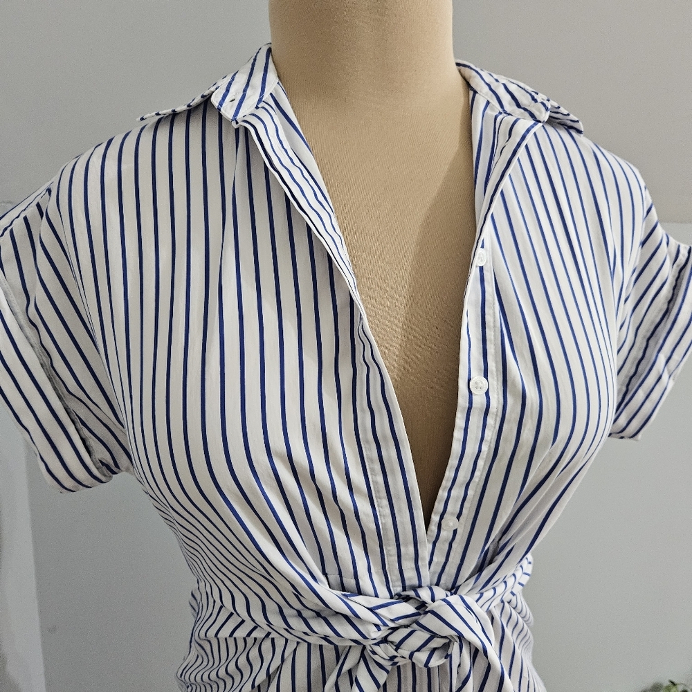 Lauren Ralph Lauren Blue White Stripe Wrap Blouse Short Sleeve XS Summer Resort - Picture 9 of 16
